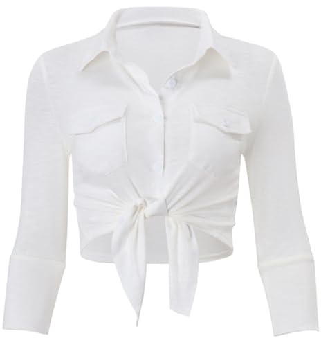 YiZYiF Women Tie Front Blouse Crop Top Long Sleeve Turn-Down Button Casual Shirt Tops Short White M