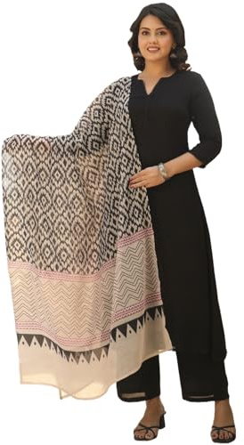 GoSriKi Women's Rayon Blend Straight Solid Kurta with Pant & Dupatta, Black, XL