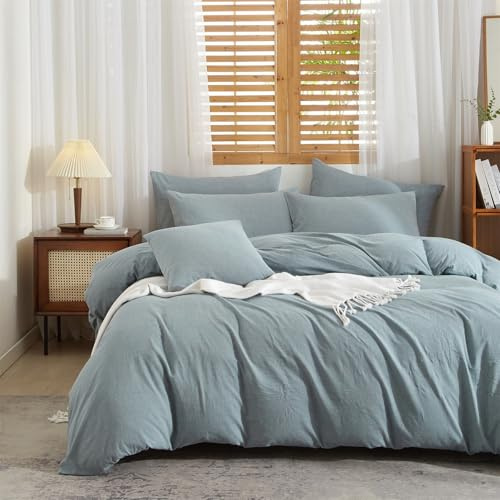 Gezu Copripiumino in cotone 240 x 260 cm, blu, 100% lino, misto cotone, set da letto per 2 persone, naturale, lino, cotone, morbido, traspirante, biancheria da letto con cerniera con 2 federe 65 x 65
