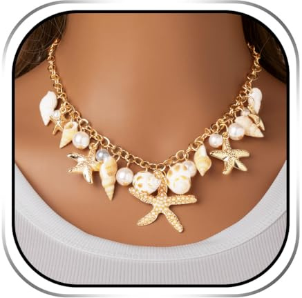 Handcess Collane boeme con ciondolo a conchiglia dorata e stella marina, collana di perle per donna, taglia unica, Stella marina, conchiglia, perla, Non è una pietra preziosa