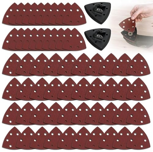 Multi Tool Triangle Sanding Pads, 60PCS Multi Function Triangular Sanding Pad Kit, 6 Holes Triangle Sandpaper with 2 Multitool Schleifplatte, 60/120/180/240/320/400 Grits for Sanding, Polishing