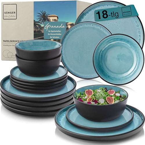 SÄNGER Granada Value Collection porslinsservis i 18 delar – tallrikar för 6 personer – 6 mattallrikar – 6 flingskålar – 6 desserttallrikar – 6 desserttallrikar – blå middagsservis med kant | 6 mattallrikar 6 x frukostskålar 6 x desserttallrikar, bordsservis blå med svart kant reptålig