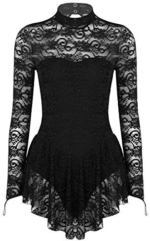 RUNQHUI Abito da donna, pattinaggio artistico, pizzo, maniche lunghe, body da danza, abbigliamento da ginnastica, Nero, L