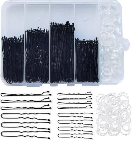 300pcs Bobby Pins Kit, Black 100 Hair Pins for Women, 100 U Shaped Hair Pins for Buns, 100 Hair Bands with Box, hair bun pins, strong hair grips for women, 2inch, 2.36inch, 2.75inch