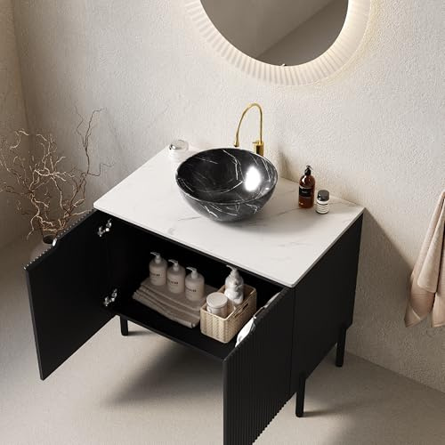 NuvlaGu Tocador de baño independiente de 76cm con lavabo de cerámica negra, encimera de piedra sinterizada Carrara, armario a rayas con puertas dobles, cierre suave, color negro