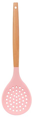 1PC Silicone Skimmer Spoon, Non-Stick Silicone Slotted Skimmer Spoon, with Heat-Resisting Comfortable Wooden Handle, Durable Draining Spoon for Kitchen Cooking, Vegetables,12.6 Inch(Color:Pink)