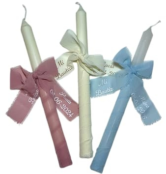 Vela de Bautizo Personalizada con Nombre y Fecha, Cirio Sacramental Blanco 30 cm, Decoración Artesanal para Ceremonia Religiosa
