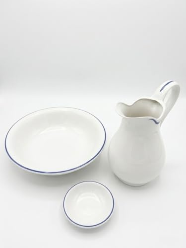 Set Toilette in Ceramica per Lavabo Bagno Antico Bianco Bordo Blu