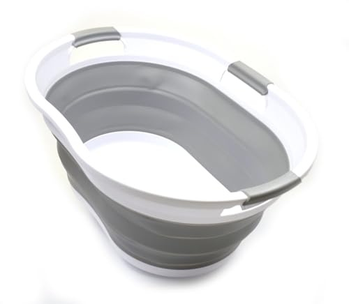 SAMMART Collapsible 36L 3 Handled Oval Laundry Basket - Foldable Storage Container/Organizer - Portable Washing Bin - Space Saving Hamper - Car Trunk Storage Box/Pet Bath Tub (Grey)