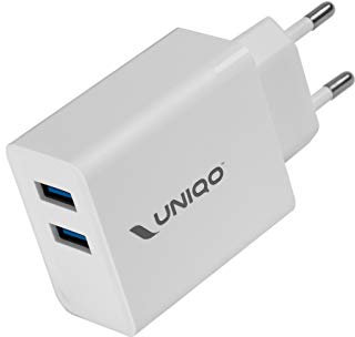 UNIQO Enchufe Cargador de Pared con 12 W de Potencia, 2 Puertos USB, hasta un 50% de Carga del Smartphone en 30 Minutos, Enchufe EU