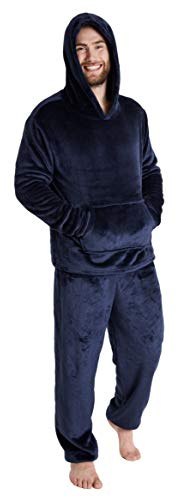 CityComfort Pyjama Homme, Ensemble De Pyjamas en Polaire Douce avec Pantalon Taille Élastique Et Pull à Capuche en Pilou Chaud, Idée Cadeau Ado ou Adulte (Bleu Marine, 2XL)