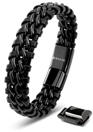 SERASAR Pulsera Hombre 20cm Negro de Cuero Pulseras Hombres Brazaletes Pulso Muñequera Bisutería Joyeria Cuerdas Bracelet Men Jewellery Ancha