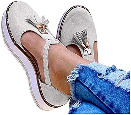 Riyueyi Sandalias de Cuña para Mujer Verano 2021 Sandalias Punta Cerrada Borla Plataforma Zapatos Plano Cómodos Zapatos Hook Loop Sandalias de Cuero,Blanco,40