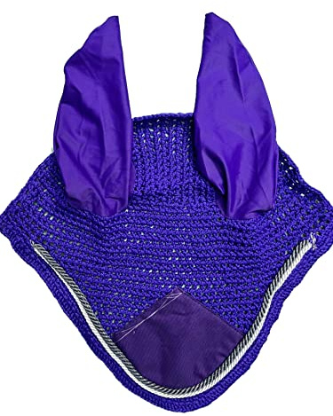 Spire Horse Soft Crochet Fly Veil Breathable Cotton Ear Net Hood Horse fly Control Masks Protector Bonnets (Cob, Purple/Gray-White)