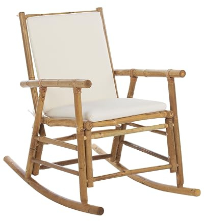 Beliani Chaise à Bascule de Jardin Boho en Bambou Clair Coussins Blanc Cassé Frigole
