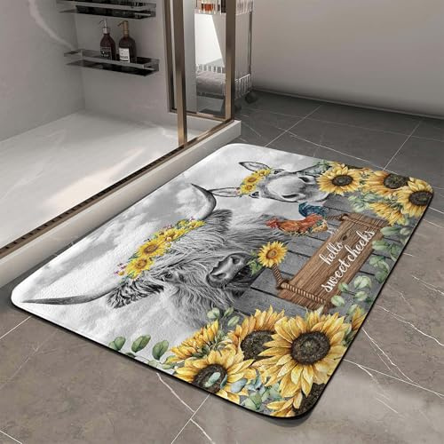 Funny Highland Cow Donkey Bath Rugs for Bathroom, Farmhouse Western Animal Cow Chicken with Flowers on Fence Sunflower Non Slip Flannel Bathroom Rug, Dry Fast Water Absorbent Bath Mats, 16x24 Inch