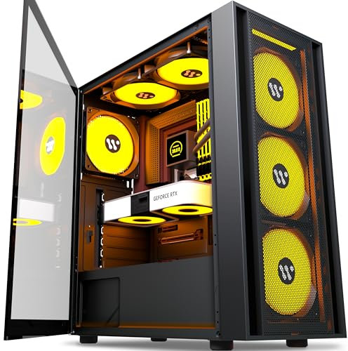 AMANSON PC Case- Pre-Install 6 PWM Fans，ATX Mid Tower Gaming Case，Mesh Computer Case with Opening Tempered Glass Side Panel, H05,Black