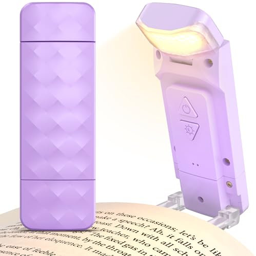 Mexllex Lampada da lettura a morsetto, luce da lettura USB ricaricabile a letto, 3 temperature di colore e 5 livelli di luminosità, luce notturna per vermi di libri, viola