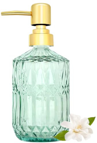 1 Pack 400ml Vintage Glass Soap Dispensers with Pump, Refillable Ribbed Design Liquid Soap Bottles for Bathroom, Vanity Countertop, Kitchen Sink, Laundry Room, Home Decor Accessories (Green)