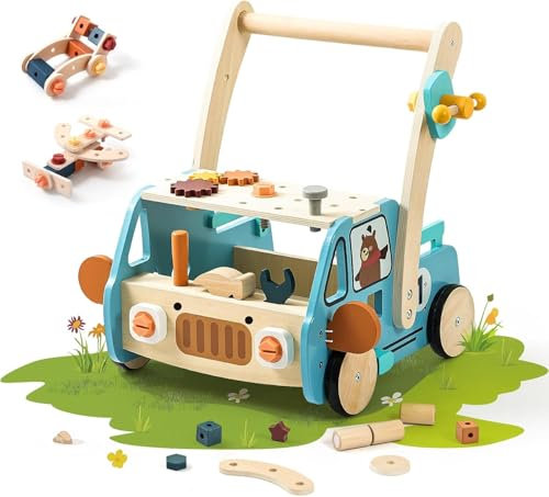 let's make Lauflernwagen Holz Montessori Spielzeug Lauflernhilfe mit Rädern und Blöcken Spielzeug Multifunktion Baby Walker Activity Lauflernhilfe für baby ab 1 jahr (Blau）