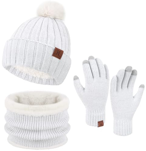 ZASFOU Donna Inverno Berretto Cappelli Sciarpa Touchscreen Guanti Set Maglia ciniglia Teschio Berretto Caldo Pile Foderato