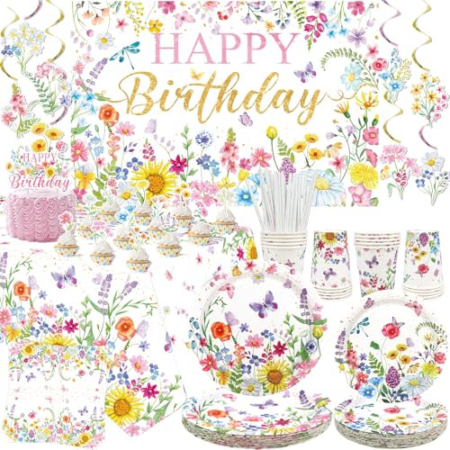 Decorazioni di Compleanno a Fiori di Campo - Set Forniture Floreali con Piatti, Tazze, Tovaglioli, Tovaglia, Sfondo e Decorazioni per Torte da Appendere