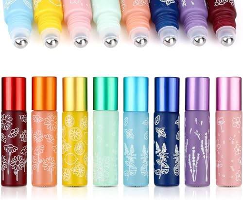 Parfym roll-on flaskor för oljor 10ml, 8 stycken färgglada roll-on flaskor tomma med rostfri stålkula, påfyllningsbar massageglasrulle för eteriska oljor parfym läppolja