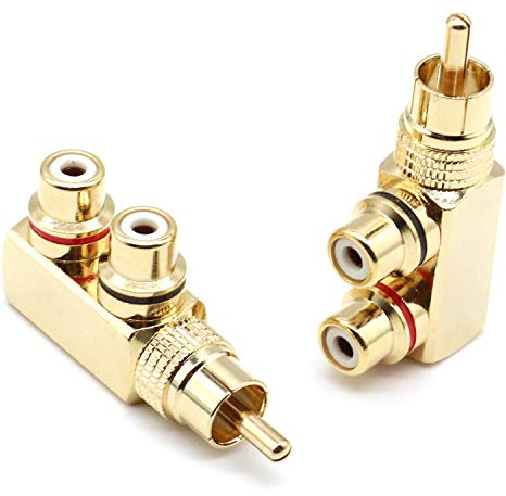 DESINIK rätvinklig RCA hane till 2 hona RCA-delaradapterkontakt, guldpläterad AV-delaradapter (2-pack)