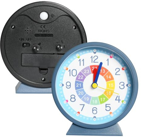 Husalsea Silencieux Reveil Enfant sans Tic-Tac, Quartz Reveil Pedagogique Analogiqu avec Veilleusee, Horloge Enfant Fonctionne à Piles, Bleu, pour Apprendre l'Heure aux Enfants