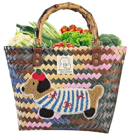 Ylnailky Sac Tressé Femme - Panier à Main en Osier Tressé à la Main,Panier Sac Pour Courses Voyage Travail Mariage Vacances Pique-Nique Anniversaire