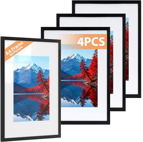Alyvisun 4 Pcs A4 Cadre, Cadre Photo A4 Display Pictures 14x20 cm avec Passe-partout ou 19,7x29,3 cm sans Passe-partout, Cadre Photo Horizontal et Vertical pour Mur ou Table, Noir