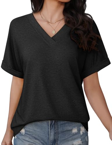 PASUDA Maglietta Donna Manica Corta T Shirt Scollo a V Magliette Elegante Ampia Maniche Corte Blusa Donna Estiva Camicia Top Casual Tee Abbigliamento Estivo Moda (Grigio Scuro, L)