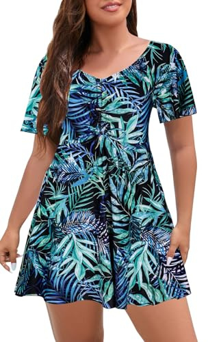 ECUPPER Womens One Piece Swimsuit with Sleeves Plus Size Swim Dress Modest Tummy Control Skirt Swimming Costume Built in Shorts Green XL