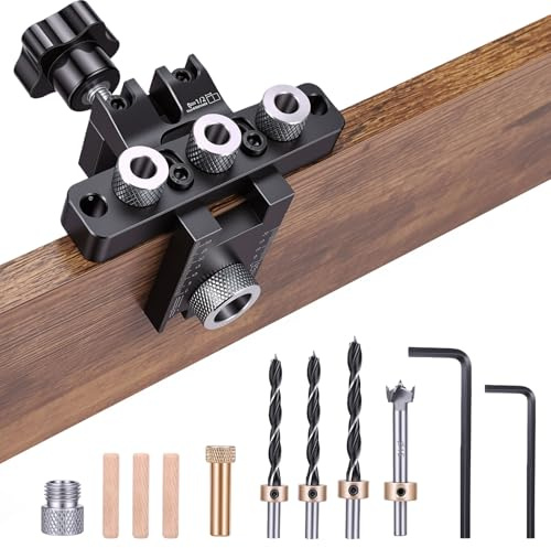 Set 3 en 1 Plantilla Ajustable, Aluminio, Tamaños Ocho Diez Quince MM, Incluye Brocas y Bloque de Posicionamiento, Ideal para Carpintería, Muebles de Interior y Proyectos DIY