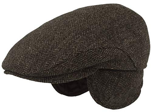 Herren Winter Schiebermütze mit Ohrenklappen | Flatcap | Schirmmütze – aus 100% Wolle im Fischgrat Design – mit ausklappbarem Ohrenschutz - Hautfreundlich & Bequem, 59, Grau