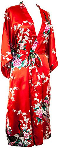 Kimono robe long 16 Colors Prämie peacock Bridesmaid bridal shower womens Gift one Size (Rot)