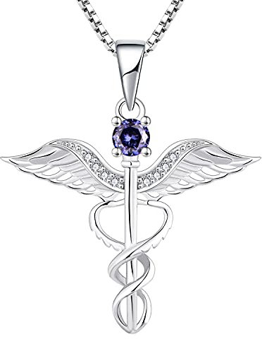 YL Collier d'infirmière 925 Argent coupé Décembre Pierres de Naissance Tanzanite Ailes d'ange Caducée RN Collier Pendentif pour les Femmes Infirmière Médecin