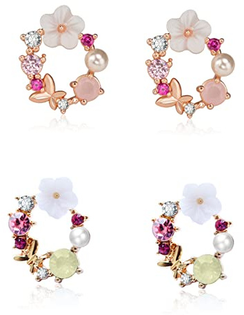 XPEX 2 Paia Orecchini a Bottone a Forma di Ghirlanda con Smalto a Goccia da Donna, Ipoallergenici, Zirconia, con Graziose Farfalle, Fiori Colorati, Perle