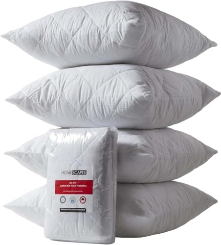 HOMESCAPES Set of 4 Euro 60 x 60 cm Cotton Rich Quilted Pillow Protectors Oeko-Tex Certified Hypoallergenic Continental European Size Pillow Covers with Diamond Quilting and Zip Closure
