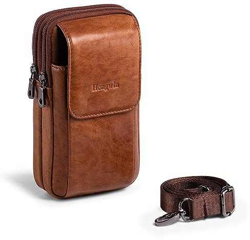 Hengwin Bolso para Movil, Cuero Genuino Bolsa Cintura Hombre, Funda Movil Cinturon, Fundas de teléfono con Clip para Cinturón, Presilla para Cinturón, Correa para El Cuerpo (Marrón)