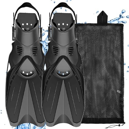 mizikuu Schnorchelflossen, 42-47 Schwimmflossen Kurzflossen Einstellbar Kurze Flossen für Erwachsene Kinder Taucherflossen zum Schnorcheln, Schwimmen, Wassertraining, Schwarz