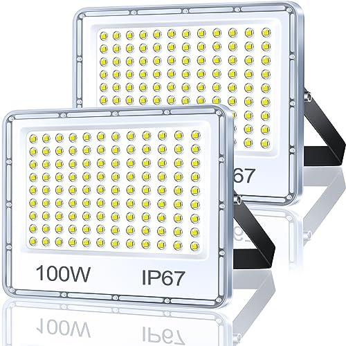 TASINUO Projecteur Exterieur LED 100W 2 Pièce, 10000LM Spot LED Extérieur, IP67 Imperméable Projecteur Exterieur, 7000K Blanc Froid Lampe Pour Terrasse Jardin Stade Usine Garage