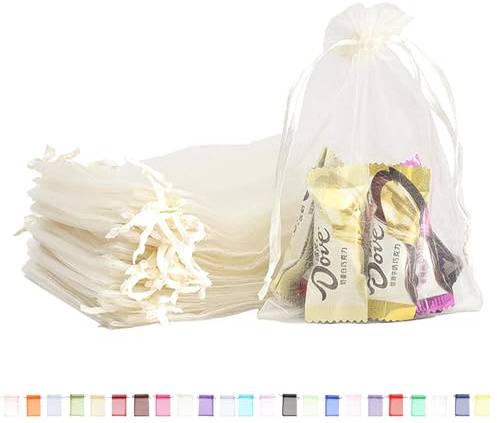 POPOYU 100 st elfenbensvit organza presentpåsar, 10 x 15 cm små organza-favoritväskor, bröllop smycken påsar med dragsko, nät godis favoritväska fest söta väskor för födelsedag, bröllop, jul,