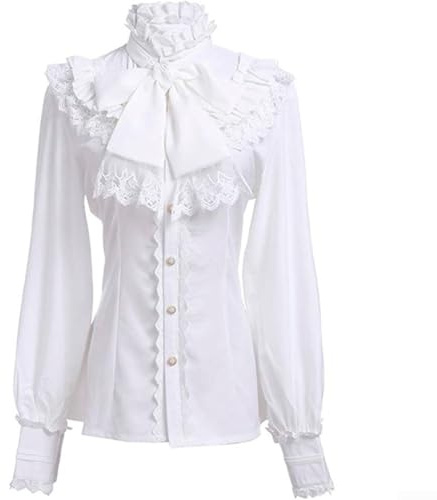 10) Camisa gótica Lolita, blusa victoriana de manga larga vintage con volantes de loto para mujer (L blanco)