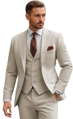 msatuy Beige Mens Suit Slim Fit 3 Piece Suit for Men Single Breasted Regular Fit Wedding Suits Three Pieces Suit Men Slim Fit Beige Tuxedo Two Button Blazer Vest Pants Set Business Wedding Prom L