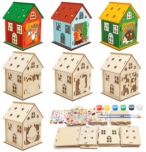 MONCAP Kit de Bricolage Noël - Set de Maison en Bois Animaux Pinceaux et Peinture Décoration Créative pour Enfants
