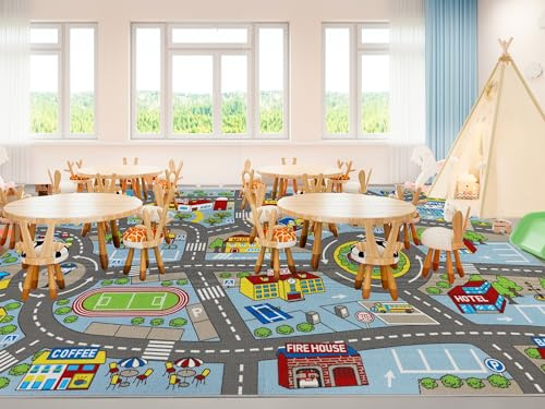 Capslpad Car Play Mat 200x300cm Non-Slip Kids Rug City Town Map Interactive Play Carpet Machine Washable Creative Educational Boy Girl Play Mat for Teenager Room Nursery Playroom Decor, Pastel Blue