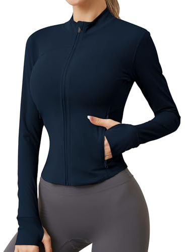 IECCP Chaqueta deportiva para mujer, chaqueta de manga larga, para gimnasio, yoga, fitness, deporte, parte superior, dos bolsillos con cremallera, chaqueta ligera de entrenamiento con orificio para el
