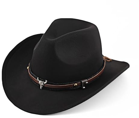 Aegistus Cowboyhut für Damen und Herren, Unisex Western Cowboyhut, Filz Wide Edge Western Cowboyhuts Klassischer Panamahut Outdoor Wide Edge Cowboyhuts mit Riemen Schwarz