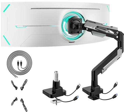 ARES WING Heavy Duty Ultrawide monitorarm – gasfjäder aluminium monitorfäste med USB för 24 tums-57 tum böjda skärmar upp till 29 kg med klämma/genomföring skrivbordsfäste, 75/100/200 Vesa-fäste